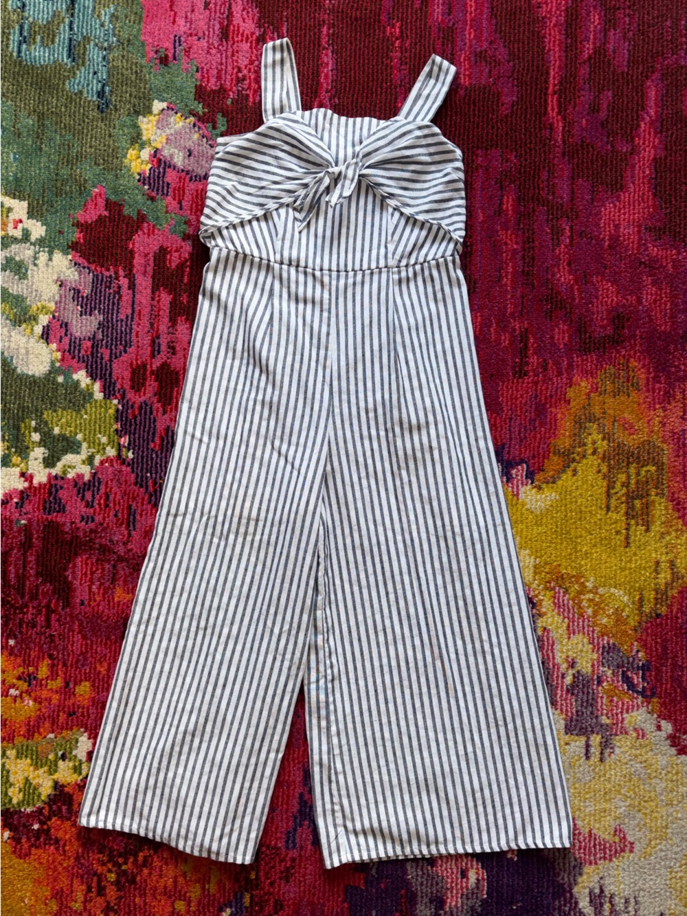 Kids Girls Striped White and Navy Wide-Leg Jumpsuit